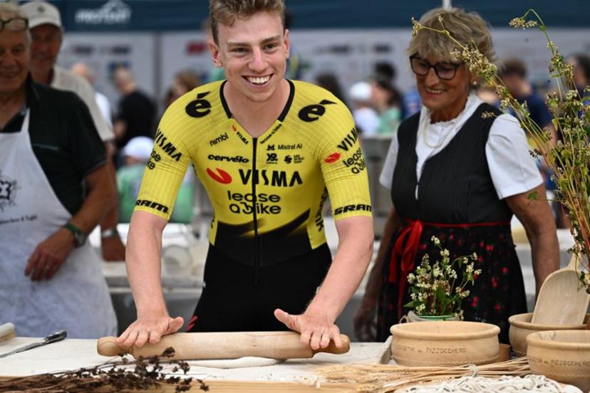 British rider Matthew Brennan of team Visma Lease a Bike attends the team presentation on the eve of the first stage of the Tour of Switzerland (Tour de Suisse) cycling race, in Sondrio, Italy, on June 16, 2026.  Marco BERTORELLO / AFP