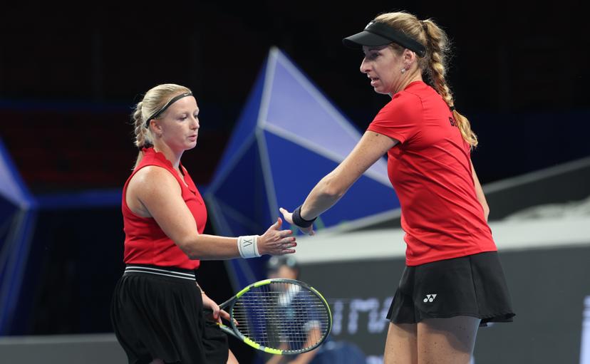 Belgian Lara Salden and Belgian Magali Kempen pictured during a doubles tennis match between Ukrainian pair Kalinina/Kichenok and Belgian pair Kempen/Salden, the third rubber in the tie between Belgium and Ukraine in the Quarter Finals of the Billie King Cup tournament, on Thursday 24 September 2026 in Shenzhen, China. BELGA PHOTO VIRGINIE LEFOUR
