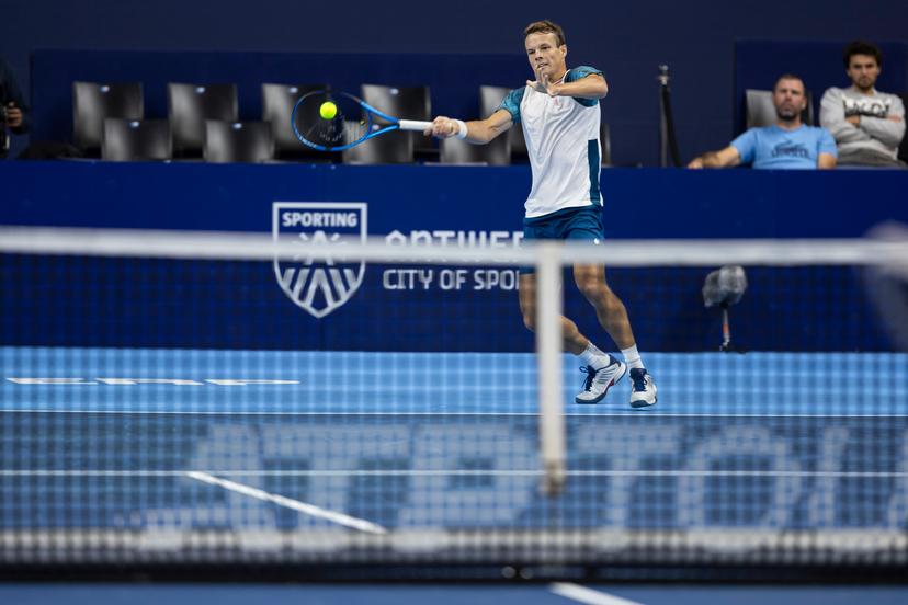 Belgian Michael Geerts pictured in action during the qualifying phase of the European Open Tennis ATP tournament, in Antwerp, Sunday 13 October 2024. BELGA PHOTO DAVID PINTENS