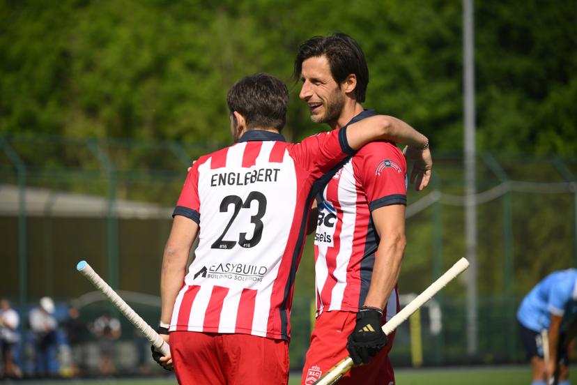 Leopold's Dylan Englebert and Leopold's Nicolas Poncelet react after a hockey game between Braxgata and Leopold, Saturday 17 May 2025 in Boom, in the semi-finals of the playoffs in the Belgian Hockey League men during the 2024-2025 season. BELGA PHOTO JOHN THYS