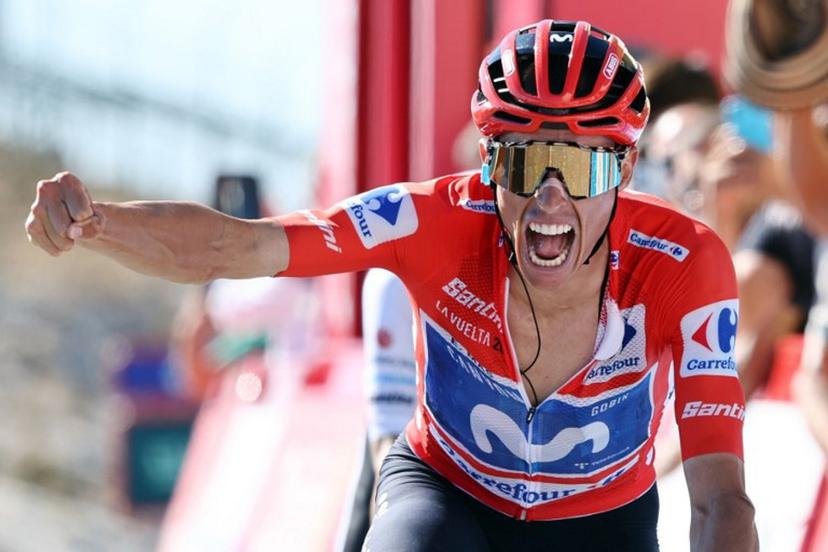 Team Movistar's Spanish rider Enric Mas celebrates winning the 9th stage of the Vuelta a Espana 2026 cycling tour, a 187,4 km race between Villajoyosa and Alto de Aitana in Confrides, on August 30, 2026.   Josep LAGO / AFP