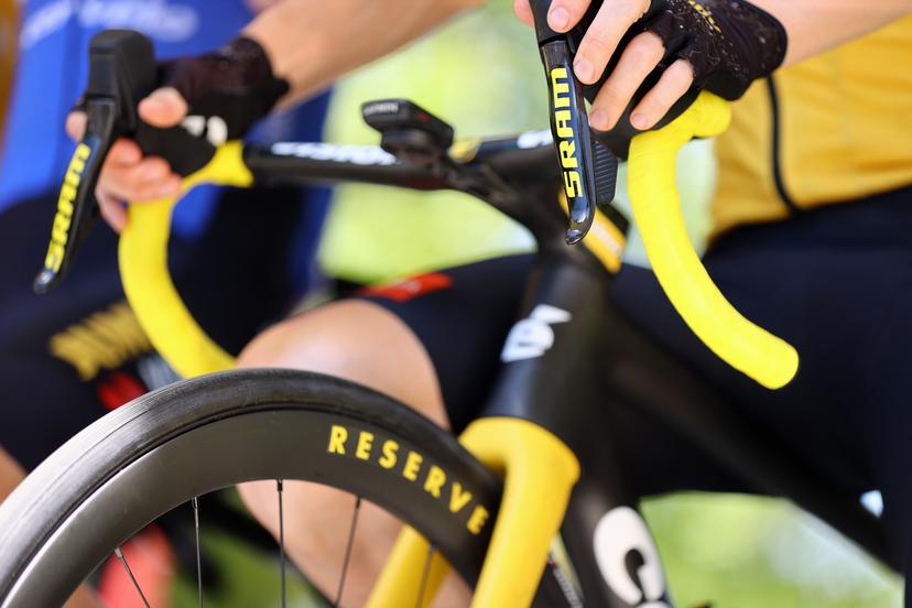 Illustration picture shows the bike of Danish Jonas Vingegaard of Jumbo-Visma pictured at the start of stage 13 of the Tour de France cycling race, from Chatillon-sur-Chalaronne to Grand Colombier (137,8 km), France, Friday 14 July 2023. This year's Tour de France takes place from 01 to 23 July 2023. BELGA PHOTO DAVID PINTENS