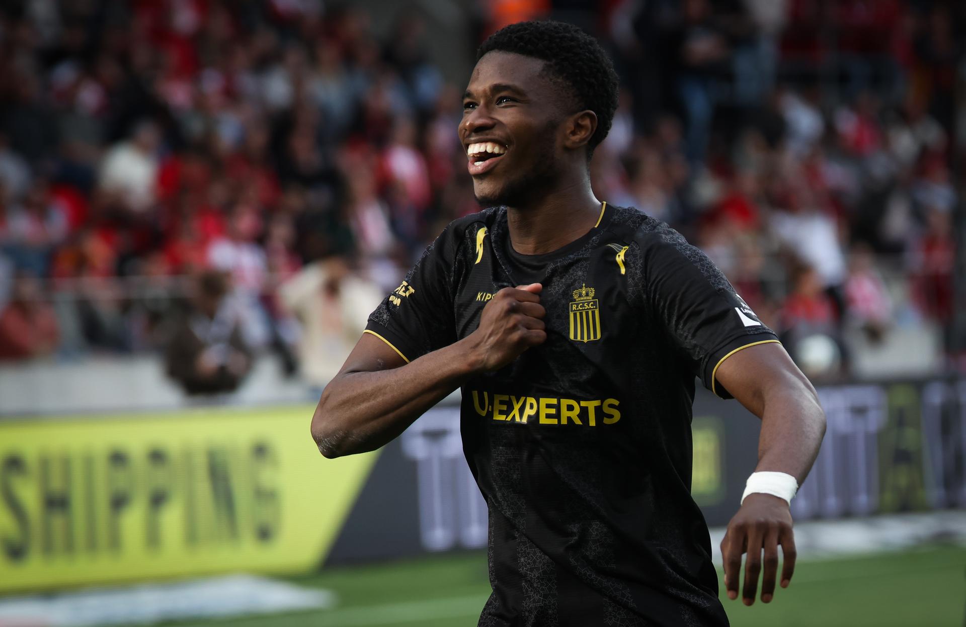 Charleroi's Check Keita celebrates after scoring during a soccer match between Royal Antwerp FC and Sporting Charleroi, Thursday 29 May 2025 in Antwerp, on the last day of the Europe' Play-offs of the 2024-2025 'Jupiler Pro League' first division of the Belgian championship. BELGA PHOTO VIRGINIE LEFOUR