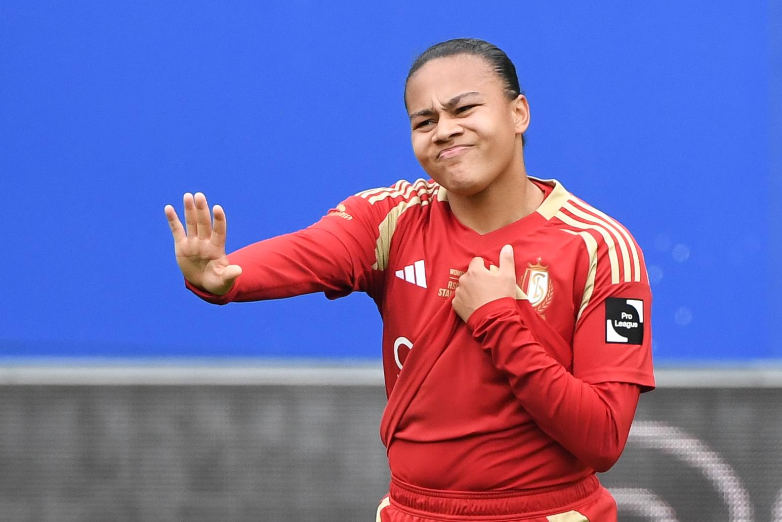 Standard Mariam Toloba looks dejected during a soccer match between RSC Anderlecht and Standard Femina de Liege, the final of the Belgian Cup, in Heverlee, Monday 21 April 2025. BELGA PHOTO JILL DELSAUX