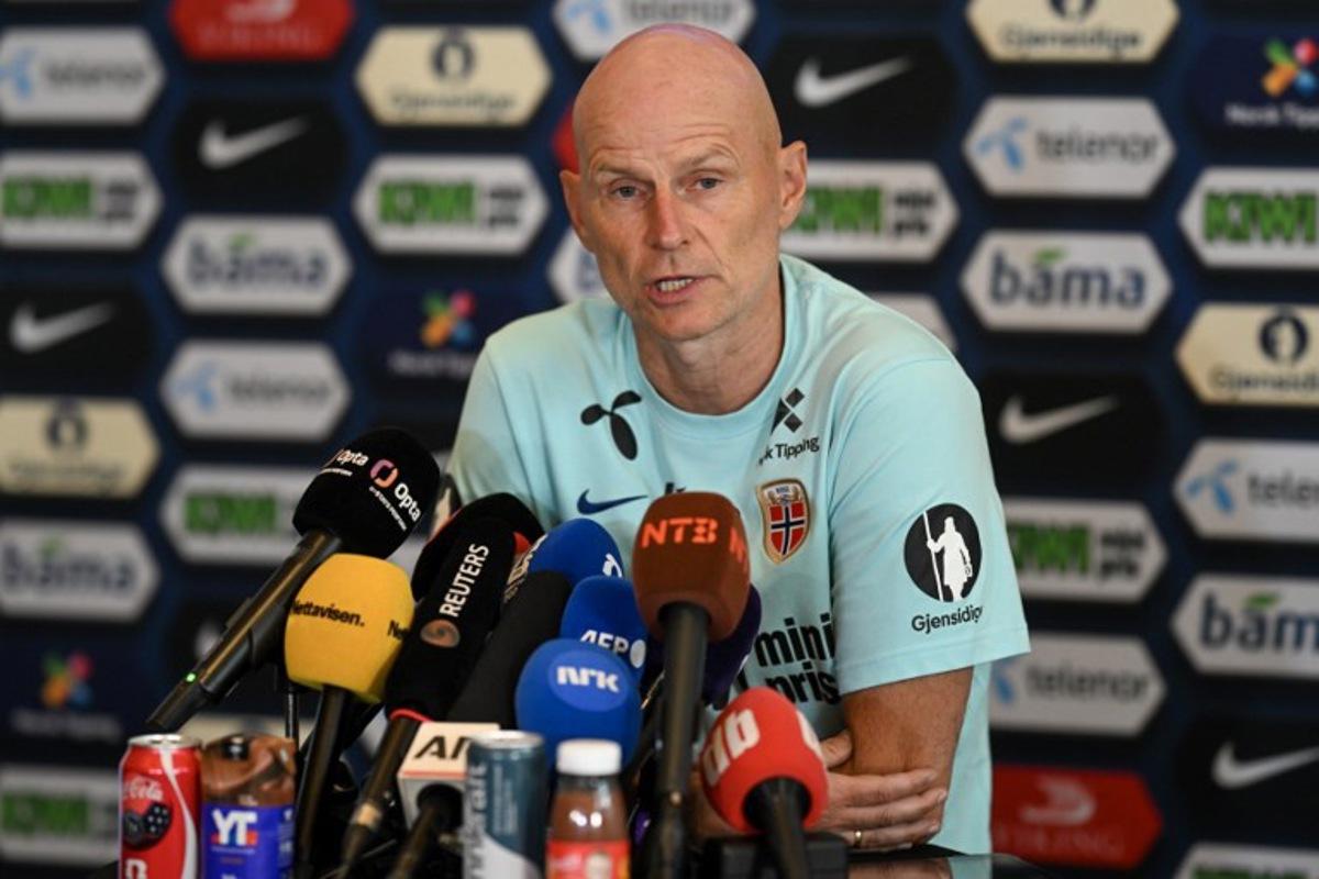 Norway's head coach Stale Solbakken gives a press conference in Montclair, New Jersey, on July, 6, 2026 during the 2026 World Cup football torunament.  MAURO PIMENTEL / AFP
