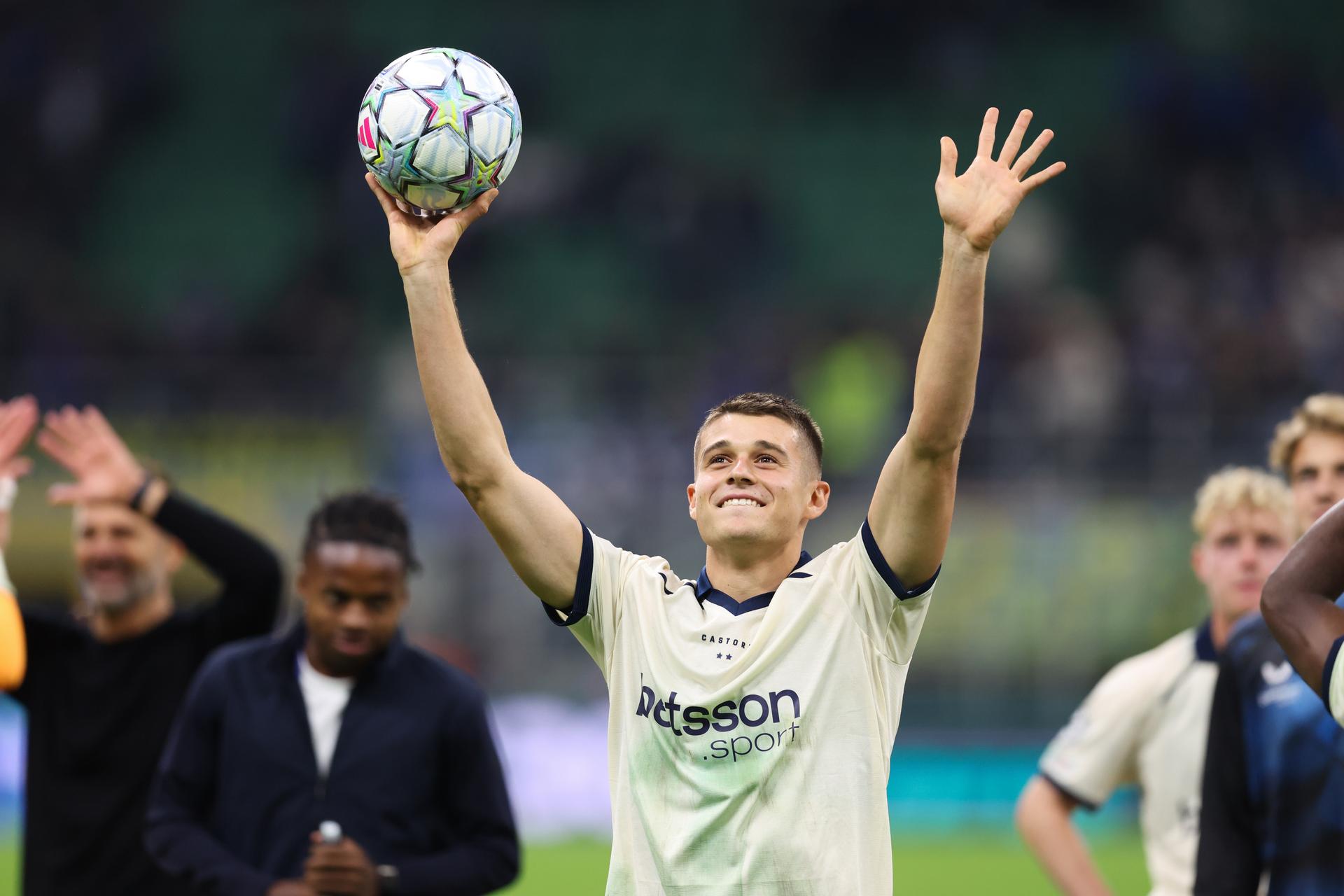 Club's Nicolo Tresoldi celebrates after a soccer game between Italian Inter Milan and Belgian Club Brugge KV, Tuesday 13 October 2026 in Milan, Italy, on day 2 of the UEFA Champions League league phase. BELGA PHOTO BRUNO FAHY