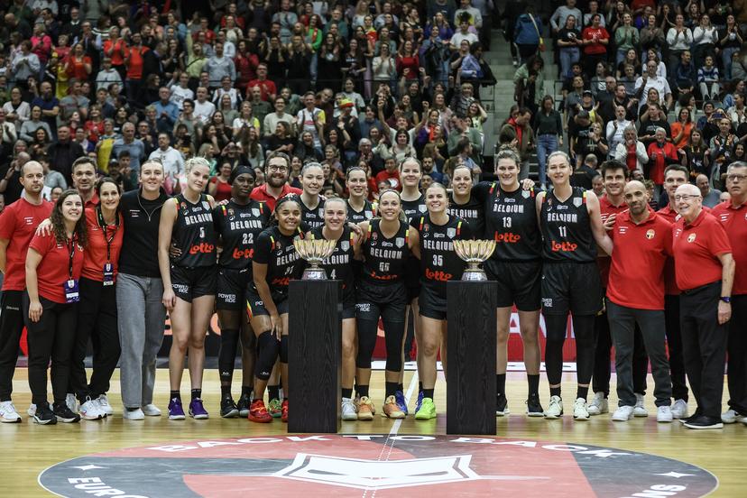 Belgian Cats' players pose with their two European champion's trophies before a basketball game between Belgian national team the Belgian Cats and Finland, Thursday 13 November 2025 in Leuven, a qualification game (1/6) for the 2027 Eurobasket tournament. BELGA PHOTO BRUNO FAHY