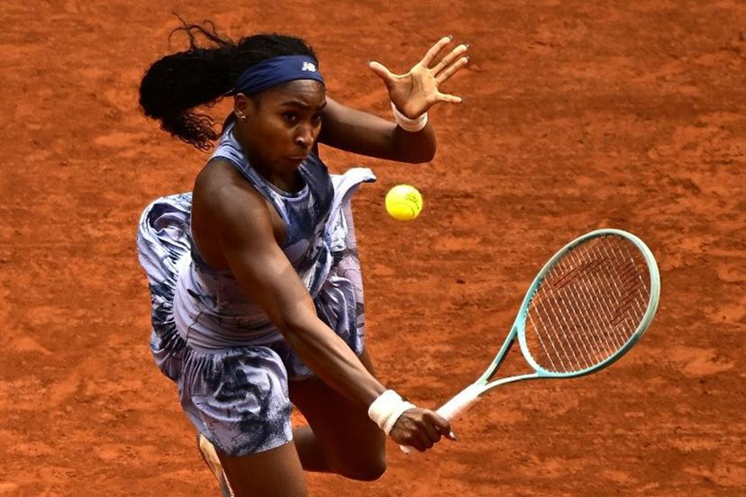 US Coco Gauff plays a backhand return to Belarus' Aryna Sabalenka during their women's singles final match on day 14 of the French Open tennis tournament on Court Philippe-Chatrier at the Roland-Garros Complex in Paris on June 7, 2025.  JULIEN DE ROSA / AFP