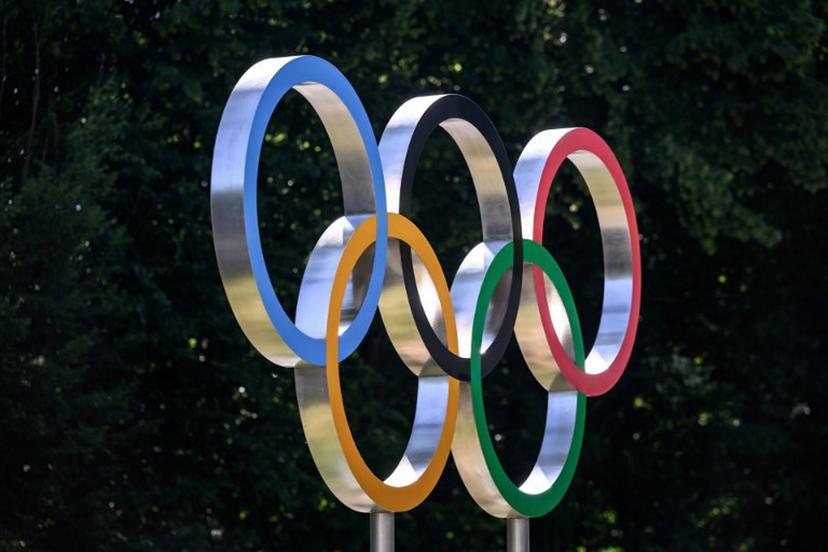 This photograph shows the Olympic rings prior to an IOC executive commission meeting ahead of IOC session, at the Olympic House in Lausanne, on June 22, 2026.  Fabrice COFFRINI / AFP