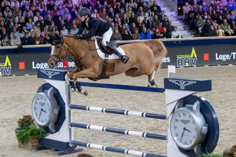 Belgian rider Gilles Thomas with Qalista DN is pictured during the FEI World Cup Jumping competition at the "Vlaanderens Kerstjumping" equestrian event in Mechelen on Tuesday 30 December 2025. BELGA PHOTO JONAS ROOSENS