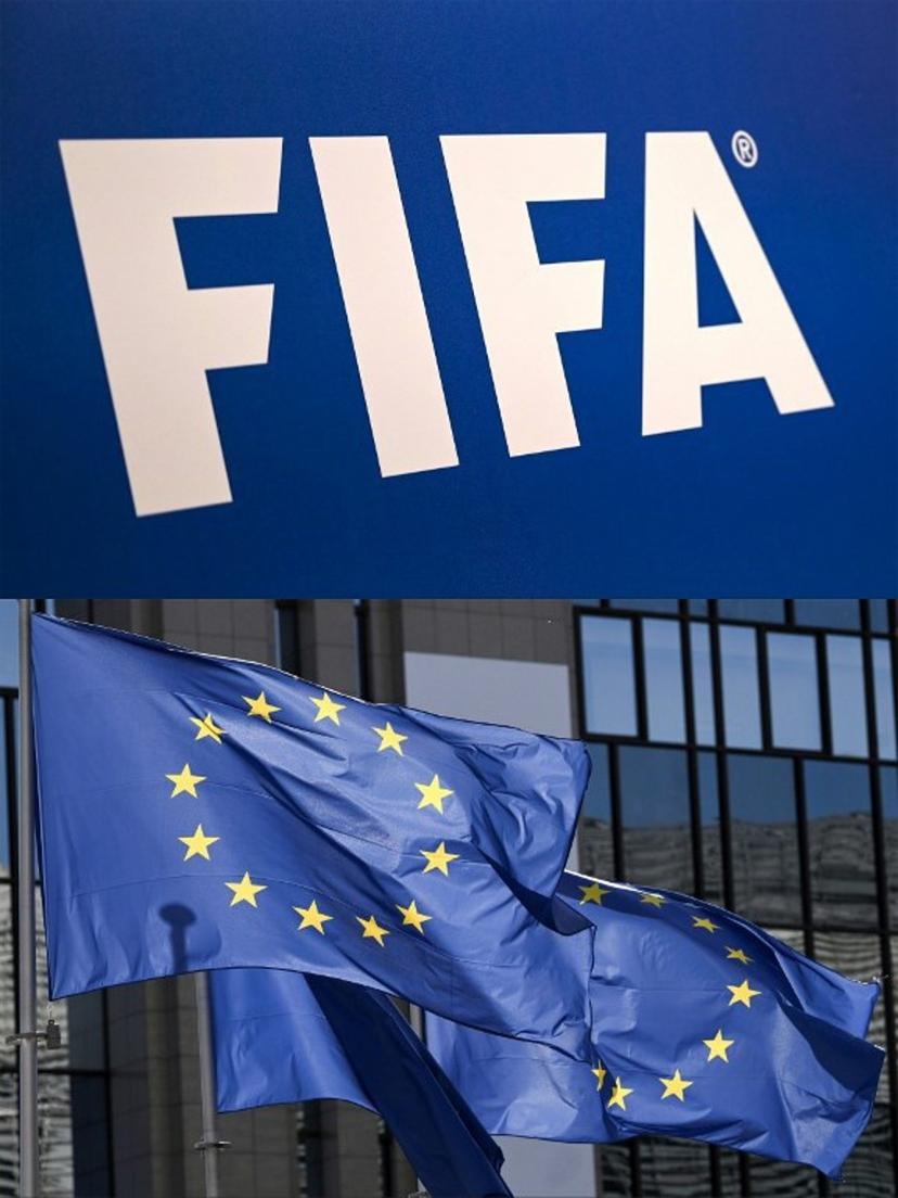 (COMBO) This combination of files pictures created on July 29, 2026 shows the FIFA logo during a press conference held by the president of the football's governing body at the FIFA Executive Football Summit on February 15, 2019 in Istanbul and European flags fluttering outside the EU Council headquarters in Brussels on March 18, 2026. EU sports chief on July 29, 2026 hit out at FIFA's plans to sell a stake in its competitions including the World Cup, warning international football's governing body: "Hands off our game." OZAN KOSE, Nicolas TUCAT / AFP