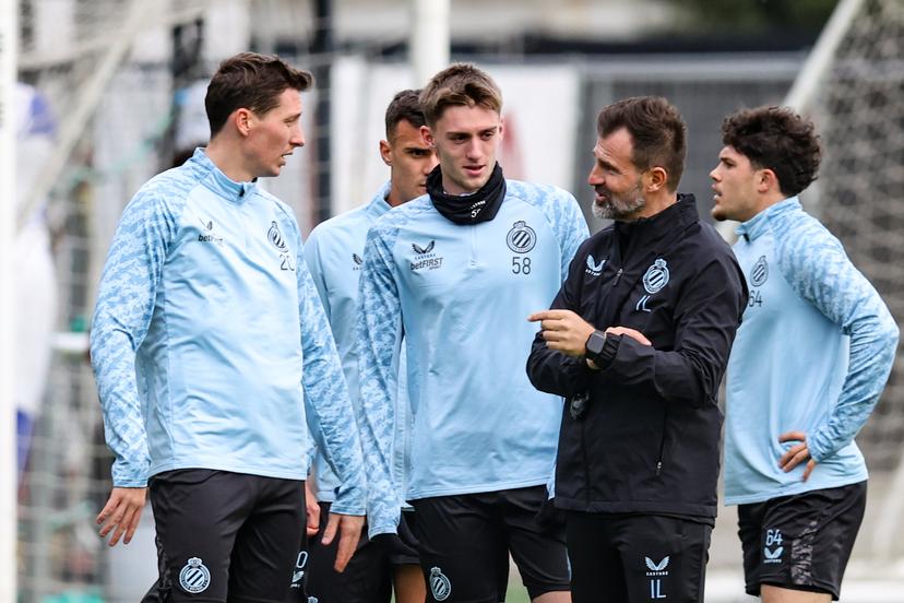 Club's Hans Vanaken, Club's Jorne Spileers and Club's head coach Ivan Leko pictured during a training session of Belgian soccer team Club Brugge KV, on Tuesday 09 December 2025 in Brugge. The team is preparing for tomorrow's game against English team Arsenal F.C., on day six of the League phase of the UEFA Champions League tournament. BELGA PHOTO BRUNO FAHY
