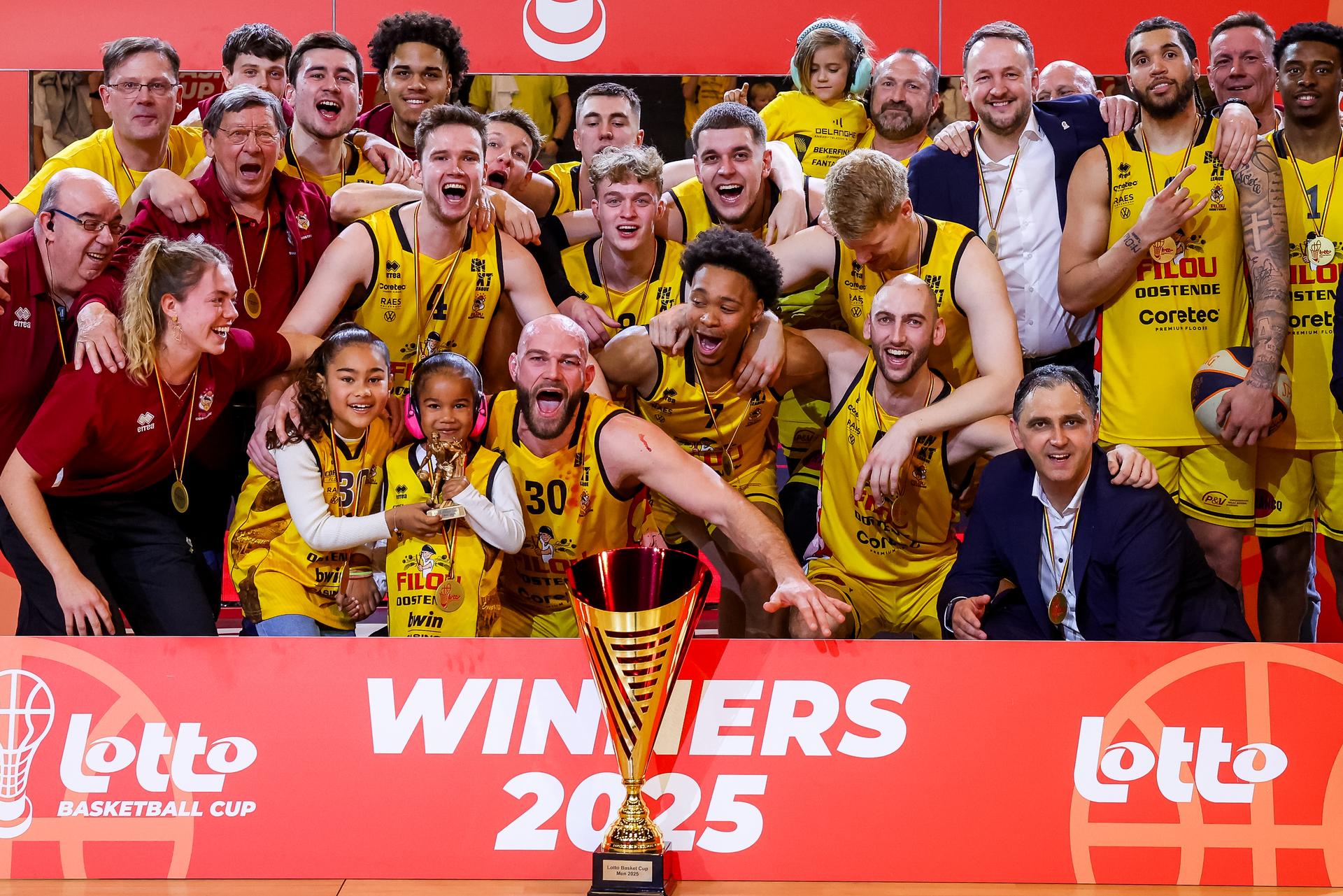 Oostende's players pictured after a basketball match between BC Oostende and Leuven Bears, Sunday 09 March 2025 in Oostende, the final of the men's Belgian Basketball Cup. BELGA PHOTO KURT DESPLENTER