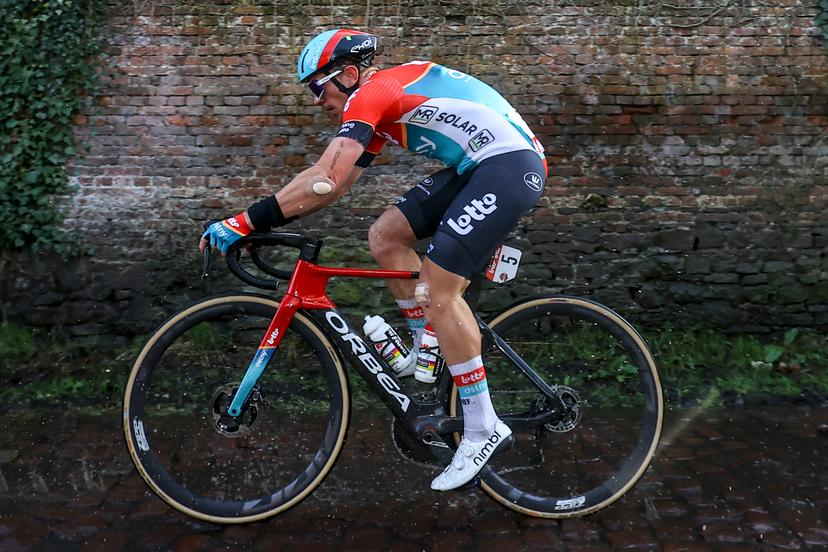 Belgian Lionel Taminiaux of Lotto Dstny pictured in action during the 'Grand Prix du Samyn' one day cycling race, 202km from Quaregnon to Dour on Tuesday 27 February 2024, the first (out of 10) race of the Lotto Cycling Cup. BELGA PHOTO DAVID PINTENS