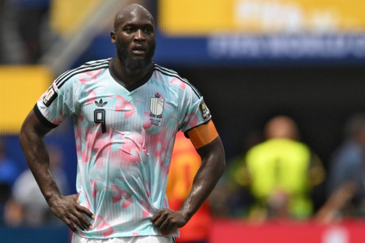 Belgium's forward #09 Romelu Lukaku reacts after losing the 2026 World Cup football tournament quarter-final match between Spain and Belgium at the Los Angeles Stadium in Inglewood on July 10, 2026.   Patrick T. Fallon / AFP