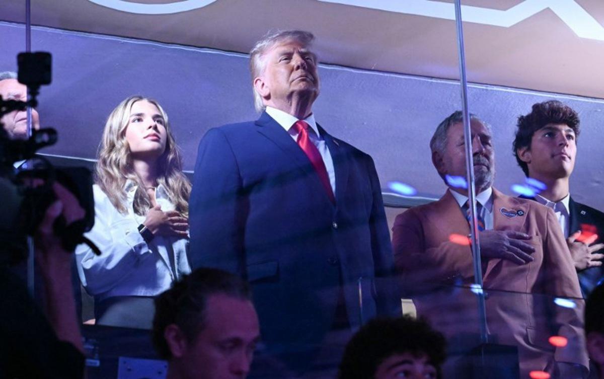 US President Donald Trump attends Game Three of the NBA Finals between the San Antonio Spurs and the New York Knicks at Madison Square Garden in New York on June 8, 2026.  SAUL LOEB / AFP
