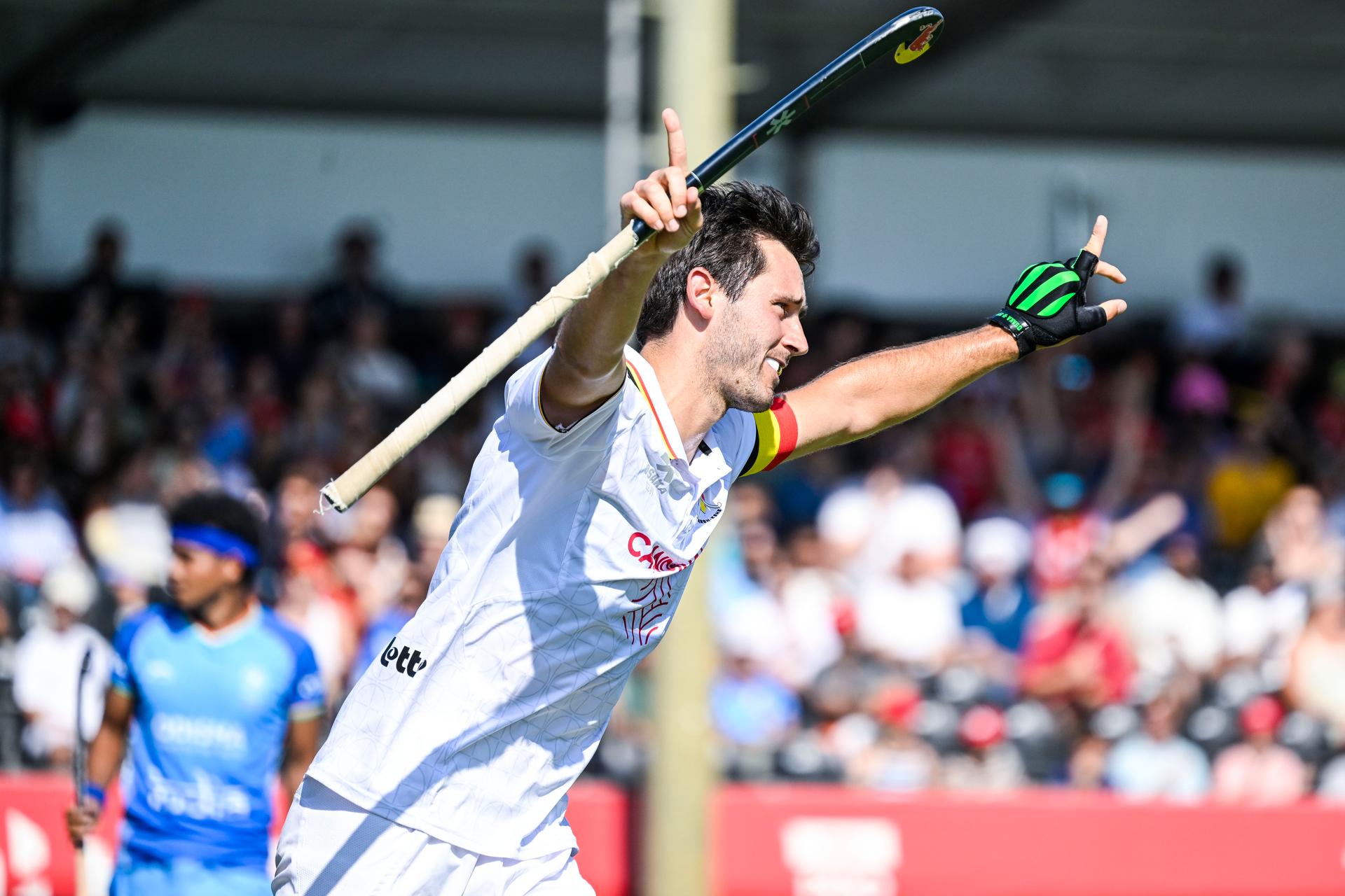 Belgium's Arthur Van Doren celebrates after scoring during a hockey game between Belgian national team Red Lions and India, match 13/16 in the group stage of the 2025 Men's FIH Pro League, Saturday 21 June 2025 in Antwerp. BELGA PHOTO TOM GOYVAERTS