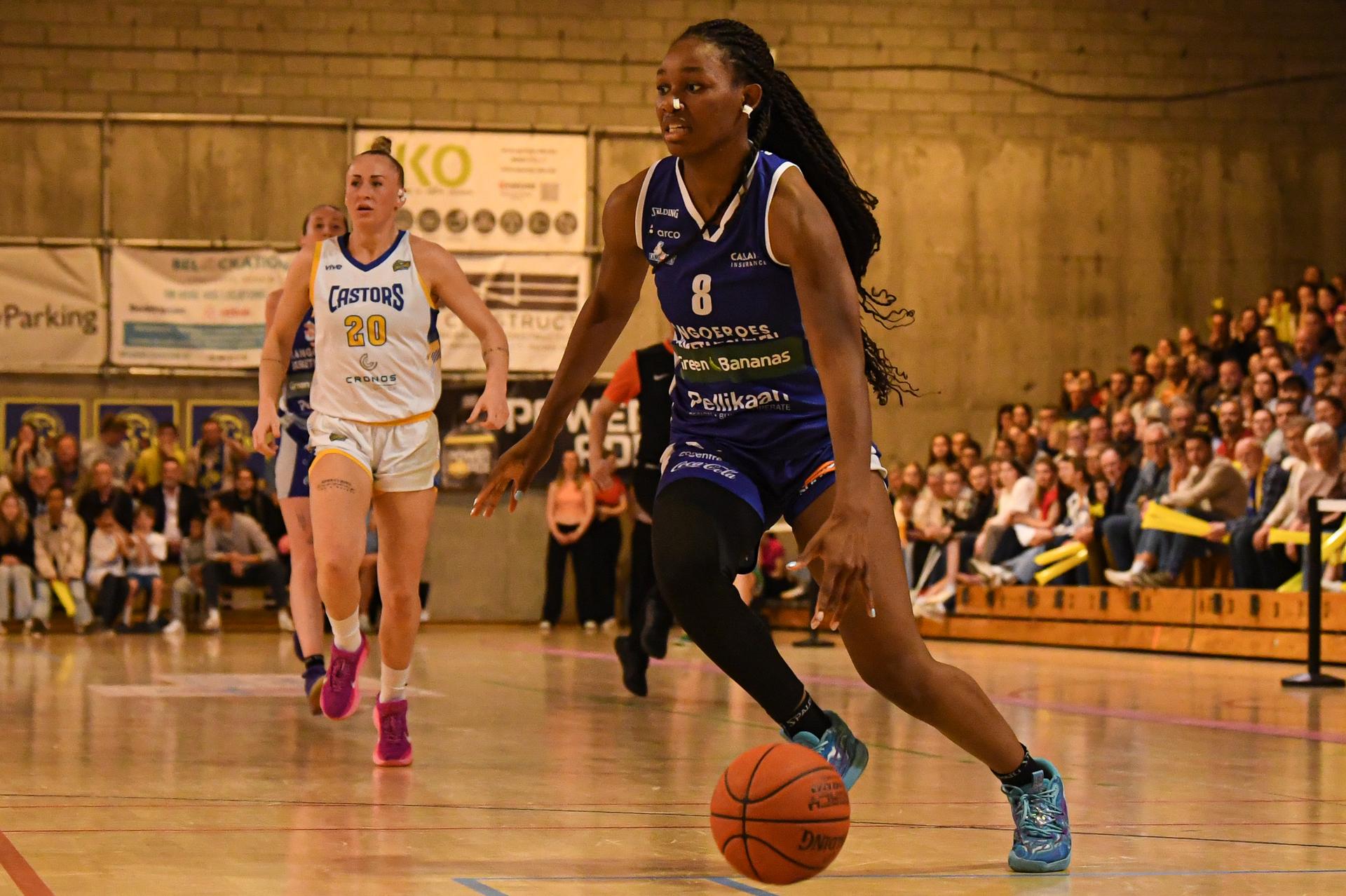Mechelen's Annie Kibedi pictured in action during a basketball match between Royal Castors Braine and Kangoeroes Mechelen, Tuesday 22 April 2025, in Braine-l'Alleud, a 3rd leg best-of-3 game in the play-offs finals of the Women's Top Division Belgian basketball competition. BELGA PHOTO JILL DELSAUX