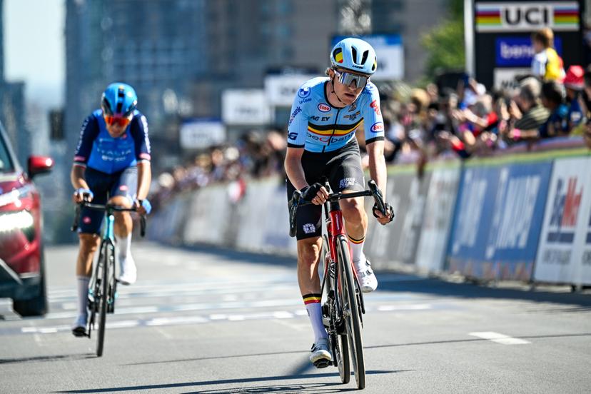 Belgian Niels Driesen crosses the finish line at the Men U23 Road Race race (174,2km) at the cycling World Championship, in Montreal, Canada, Friday 25 September 2026. The UCI road world championships are taking place from 20 to 27 September, in Montreal, Canada. BELGA PHOTO JASPER JACOBS