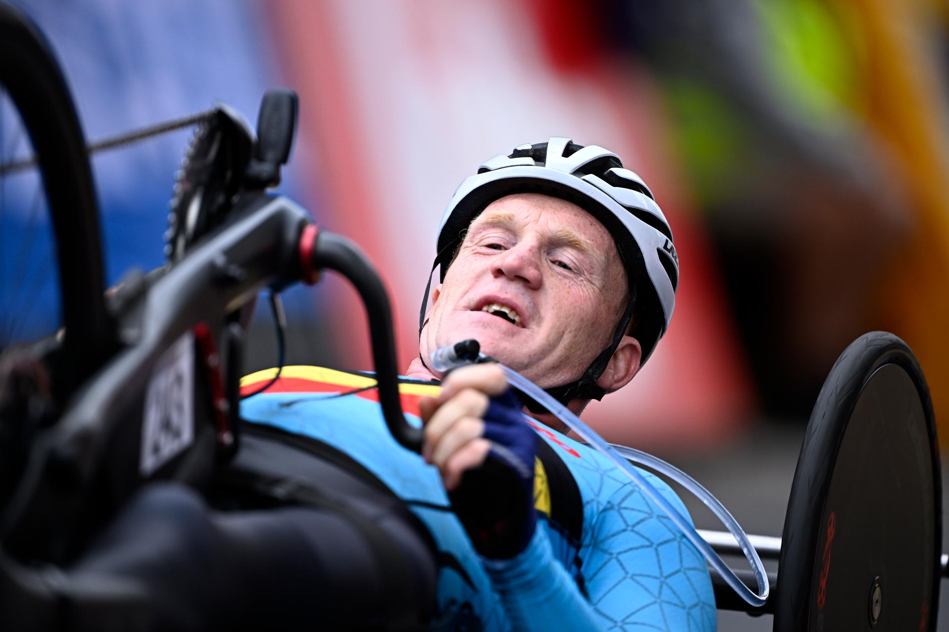 Belgium Marvin Odent (MH3) crosses the finish line of the road race at the UCI Para-cycling Road World Championships, Saturday 30 August 2025, in Ronse. The UCI Para-Cycling Road World Championships take place from 28 to 31 Augustus in Ronse. BELGA PHOTO JASPER JACOBS