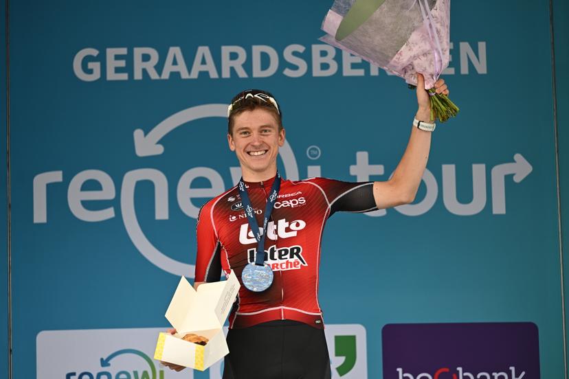 Belgian Jenno Berckmoes of Lotto-Intermarche celebrates on the podium after winning stage three of the 'Renewi Tour' multi-stage cycling race, from Celles to Geraardsbergen (182 km) on Friday 21 August 2026. The five-day race takes place from 19 to 23/08. BELGA PHOTO DAVID PINTENS