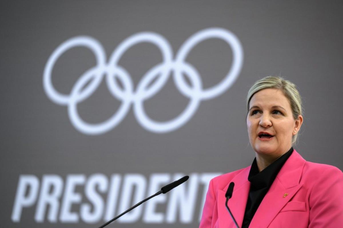 International Olympic Committee (IOC) president Kirsty Coventry delivers her speech during the handover ceremony at the Olympic House in Lausanne, Switzerland, on June 23, 2025. Zimbabwean swimmer who won seven Olympic medals, Kirsty Coventry, becomes the first woman to lead the Olympic movement. Fabrice COFFRINI / AFP