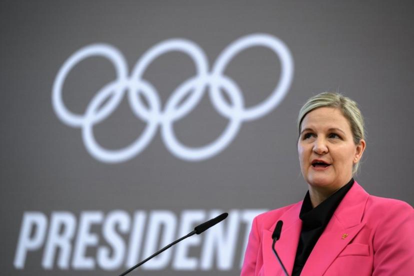 International Olympic Committee (IOC) president Kirsty Coventry delivers her speech during the handover ceremony at the Olympic House in Lausanne, Switzerland, on June 23, 2025. Zimbabwean swimmer who won seven Olympic medals, Kirsty Coventry, becomes the first woman to lead the Olympic movement. Fabrice COFFRINI / AFP