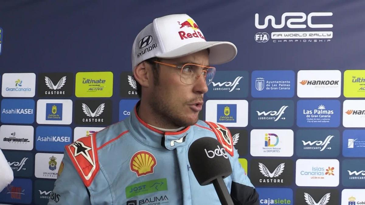 Video showing 00:00:00:00 - 00:01:17:00. Interview in French with Thierry Neuville, Belgian driver after the SS2 special of the World Rally Championship (WRC) Rally Islas Canarias between Valleseco-Artenara in Spain's Gran Canaria Island. Thierry Neuville is only in eighth place, 45.4 seconds behind Rovanperä, on Friday 25 April 2025.  BELGA VIDEO ERIC DUPAIN
