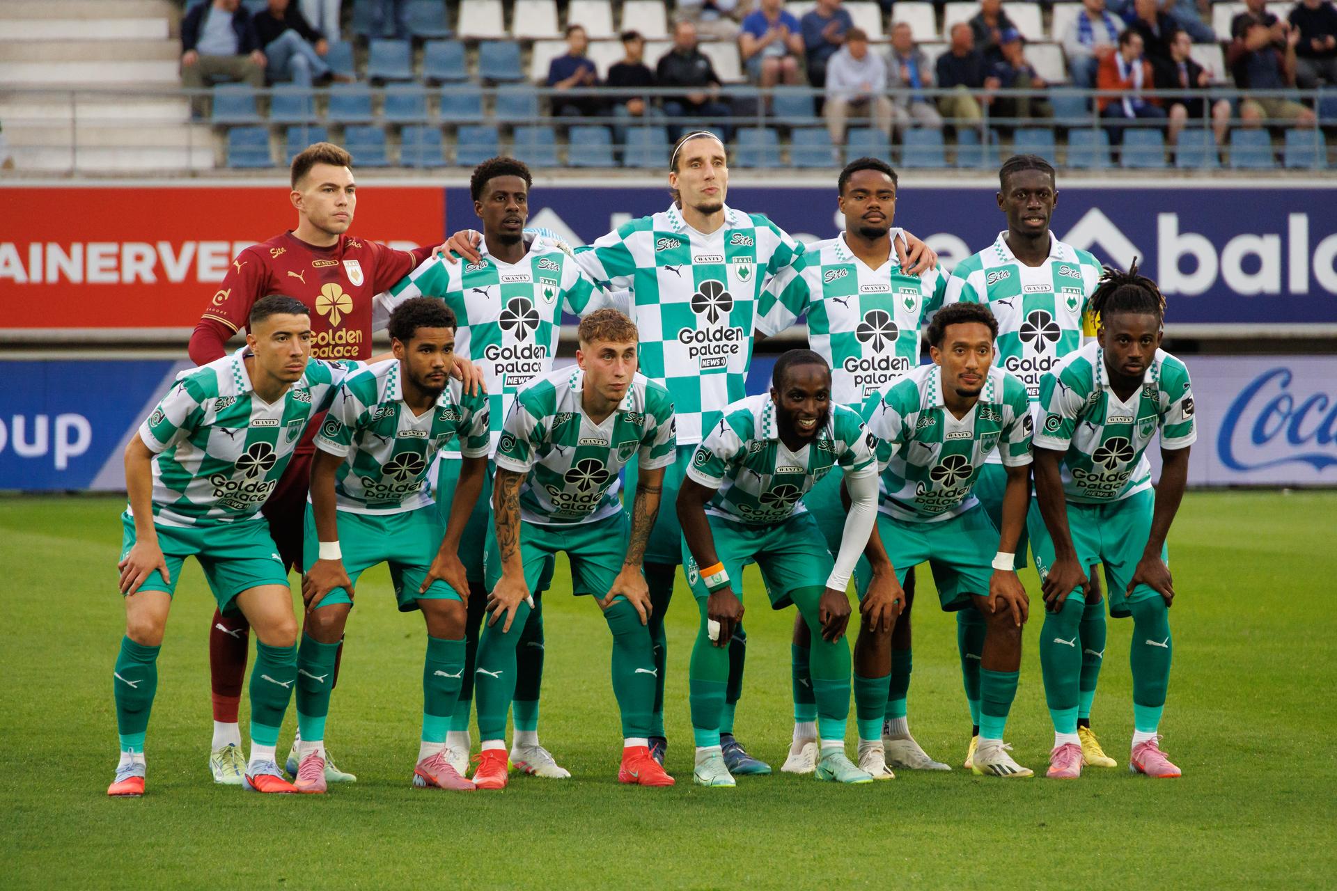 RAAL players pictured ahead of a soccer match between KAA Gent and RAAL La Louviere, Saturday 02 August 2025 in Gent, on day 2 of the 2025-2026 'Jupiler Pro League' first division of the Belgian championship. BELGA PHOTO KURT DESPLENTER
