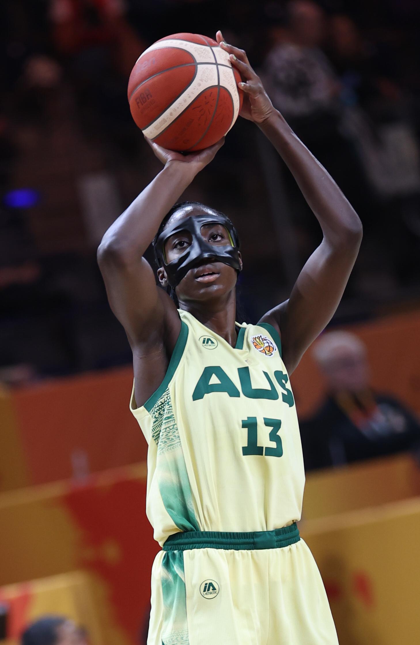 Australia' Ezi Magbegor fights for the ball during a game between the national teams of Australia and Puerto Rico,  game 1 of the group phase at the FIBA Women's Basketball World Cup, on Friday 4 September 2026, in Berlin, Germany. The FIBA Women's Basketball World Cup takes place in Berlin from 4 to 23 September 2026. BELGA PHOTO VIRGINIE LEFOUR