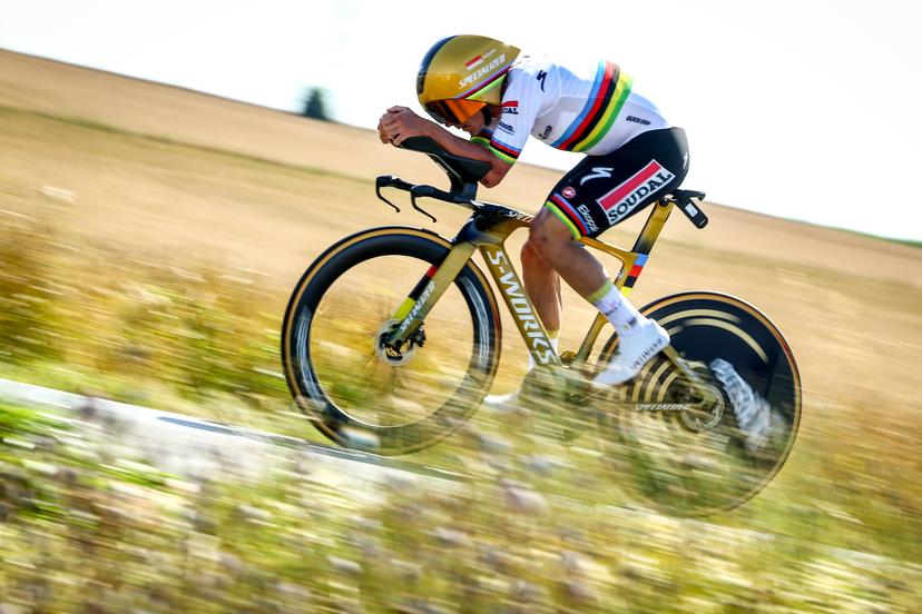Belgian Remco Evenepoel of Soudal Quick-Step pictured in action during stage five of the 2025 Tour de France cycling, a 33km time trial in Caen, France on Wednesday 09 July 2025. The 112th edition of the Tour de France starts on Saturday 5 July in Lille, France, and will finish in Paris, France on the 27th of July. BELGA PHOTO DAVID PINTENS
