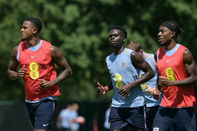 (From L) England's defender #02 Ezri Konsa, forward #07 Bukayo Saka and forward #20 Noni Madueke take part in a training session at Swope Soccer Village in Kansas City on July 08, 2026, during the 2026 World Cup football tournament.  JUAN MABROMATA / AFP