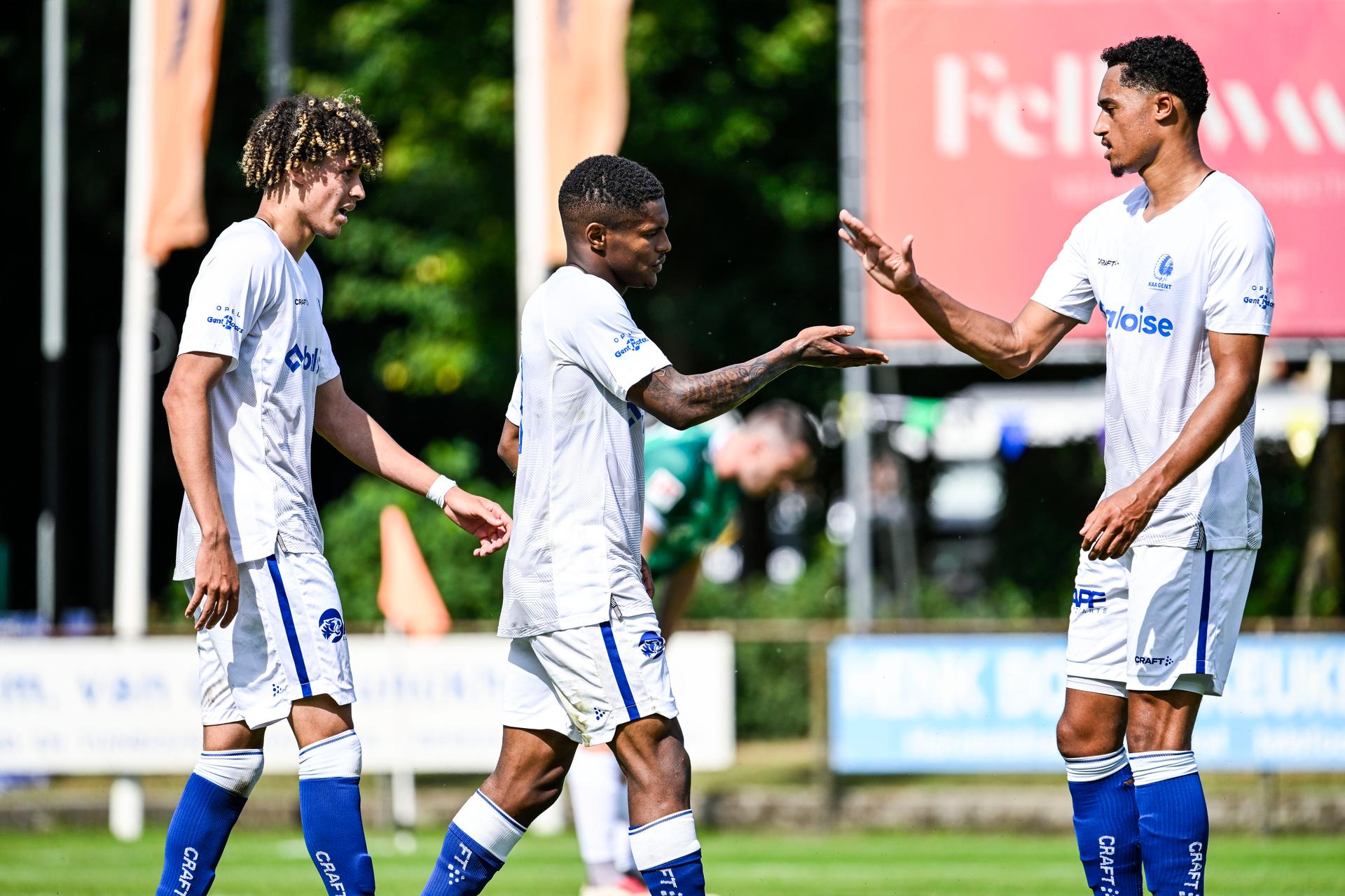 Gent's Helio Varela celebrates after scoring during a friendly soccer game between Belgian KAA Gent and German Preussen Munster, on Wednesday 09 July 2025 in Horst, the Netherlands. Gent is on a summer camp to prepare for the upcoming 2025-2026 first division season. BELGA PHOTO TOM GOYVAERTS