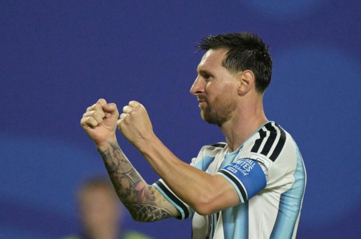 Argentina's forward #10 Lionel Messi celebrates scoring his team's third goal during the 2026 World Cup Group J football match between Argentina and Algeria at the Kansas City Stadium in Kansas City on June 16, 2026.   JUAN MABROMATA / AFP