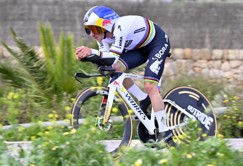 Belgian Remco Evenepoel of Red Bull-BORA-hansgrohe pictured in action during the Team Time Trial of the Trofeo Ses Salines Challenge Mallorca cycling race, 23,8km in Colonia de Sant Jordi, Mallorca, Spain on Thursday 29 January 2026. Belgian Evenepoel is participating in the first race in the colors of his new team Red Bull-Bora-Hansgrohe. BELGA PHOTO ERIC LALMAND