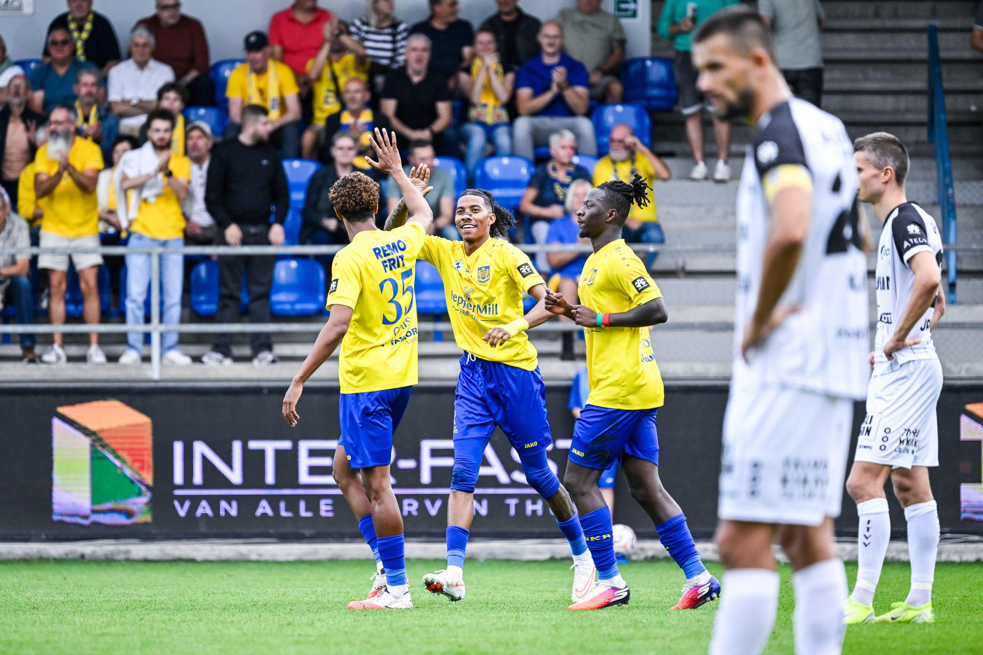 Beveren's Jearl Margaritha celebrates after scoring during a soccer match between SK Beveren and Sint-Truidense VV, Saturday 12 September 2026 in Beveren, on day 6 of the 2026-2027 'Jupiler Pro League' first division of the Belgian championship. BELGA PHOTO TOM GOYVAERTS
