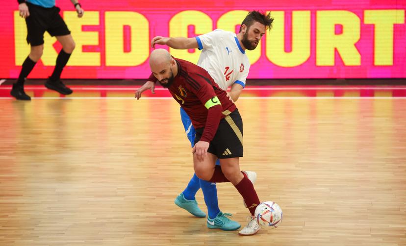 Czechia's Tomas Vnuk and Belgium's Omar Rahou fight for the ball during a futsal game between Belgium and Czechia, in Roosdaal, on Wednesday 12 March 2025, the main round of qualification of the group 9 (match 5/6) for the Euro 2026. BELGA PHOTO VIRGINIE LEFOUR