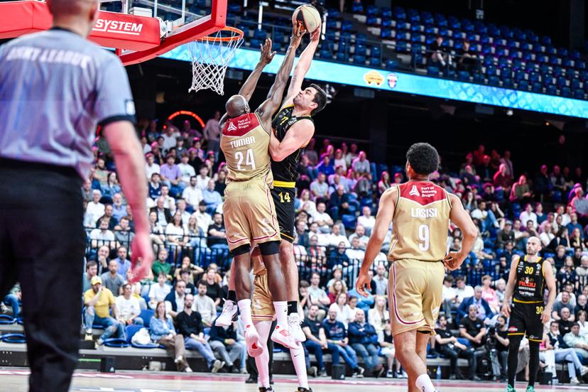 Antwerp's Kevin Tumba and Oostende's Servaas Buysschaert pictured in action during a basketball match between Antwerp Giants and BC Oostende, Thursday 15 May 2025 in Antwerp, a quarter final game (2nd leg, best-of-3) in the playoffs of the 'BNXT League' Belgian/ Dutch first division basket championship. BELGA PHOTO TOM GOYVAERTS