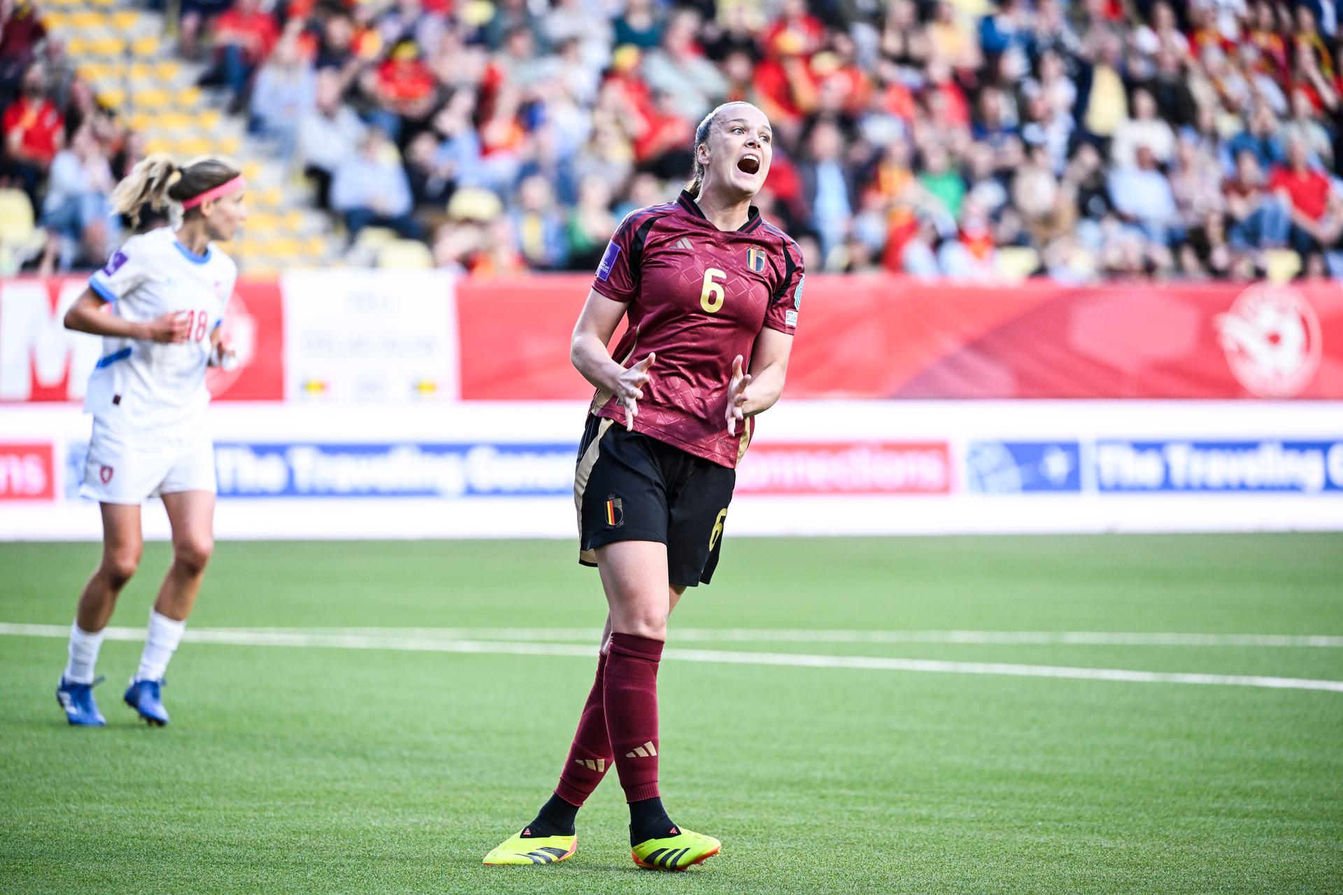 Belgium's Tine De Caigny looks dejected during a soccer game between Belgium's national women's team the Red Flames and Czech Republic, on Tuesday 04 June 2024 in Sint-Truiden, match 4/6 of the qualifications of the 2025 European Championships. BELGA PHOTO TOM GOYVAERTS