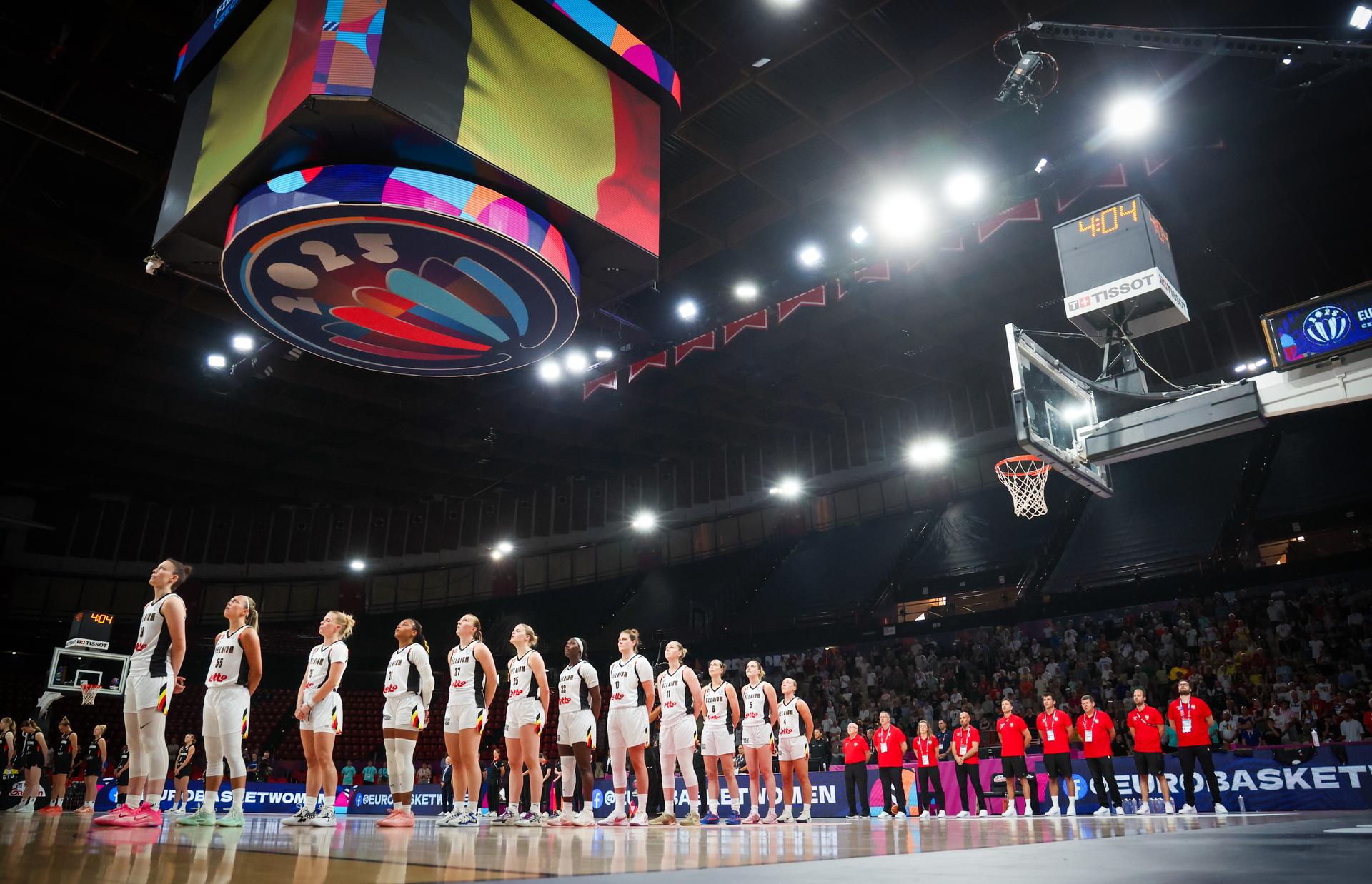 Belgian Cats' players pictured at the start of a basketball match between Belgian national team 'the Belgian Cats' and Germany, in the quarterfinals of the FIBA Women's EuroBasket tournament, Wednesday 25 June 2025 in Piraeus, Greece. BELGA PHOTO VIRGINIE LEFOUR