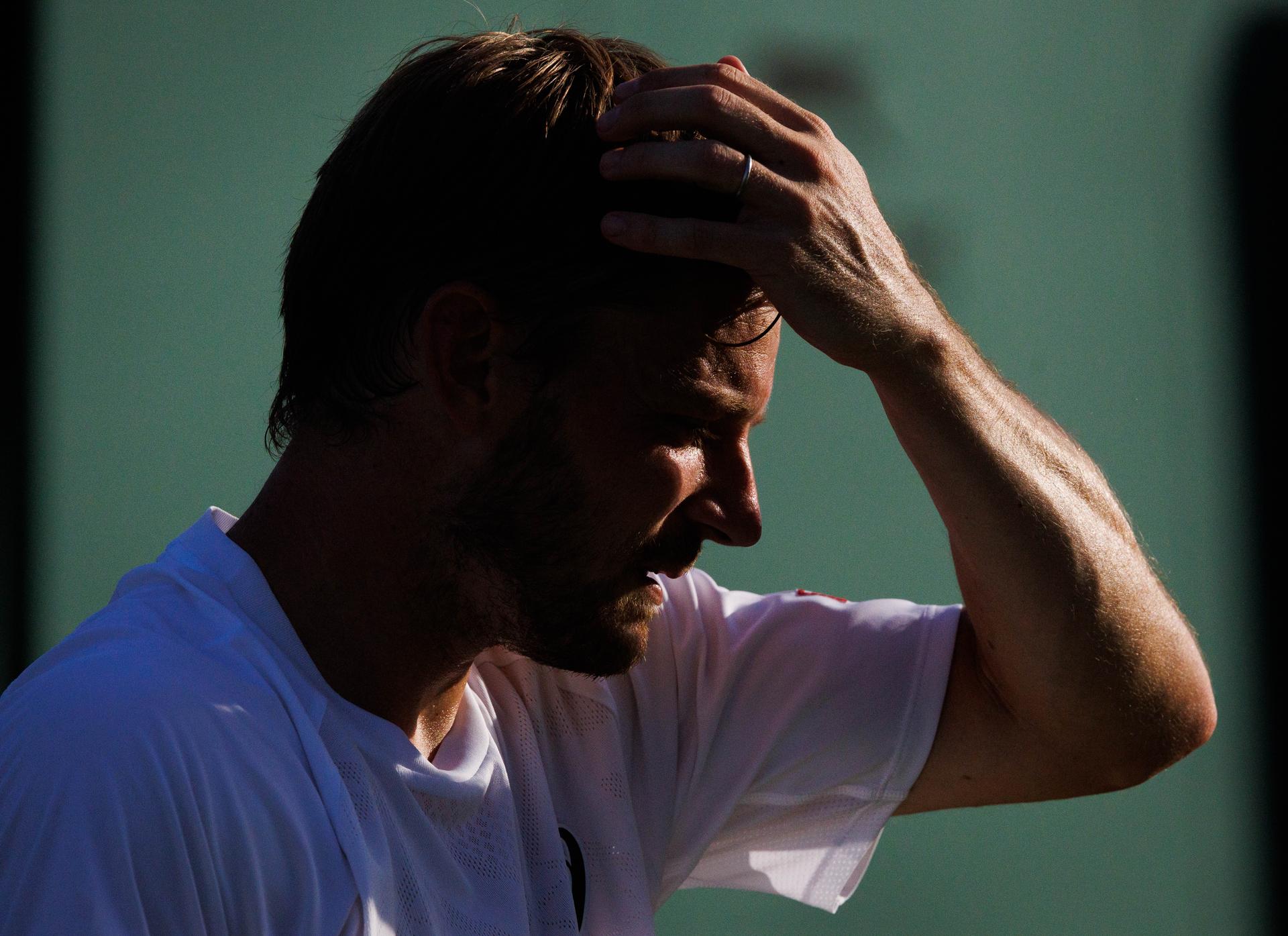 Belgian David Goffin reacts during a tennis game between Belgian Goffin and UK's Hijikata, in the first round of the men's singles at the 2025 Wimbledon grand slam tournament, Tuesday 01 July 2025 at the All England Tennis Club, in South-West London, Britain. BELGA PHOTO BENOIT DOPPAGNE