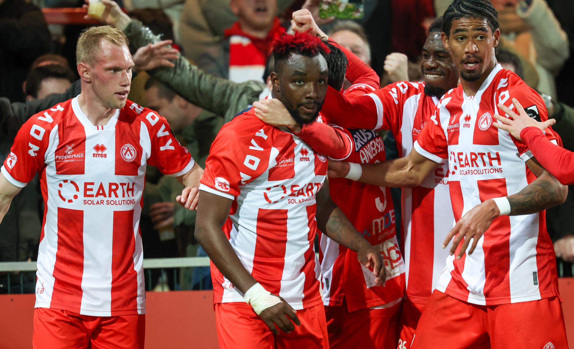 Kortrijk's Thierry Ambrose celebrates after scoring during a soccer game between KV Kortrijk and Jong KAA Gent, Friday 03 April 2026 in Kortrijk, on day 32 of the 2025-2026 'Challenger Pro League' 1B second division of the Belgian championship. BELGA PHOTO VIRGINIE LEFOUR