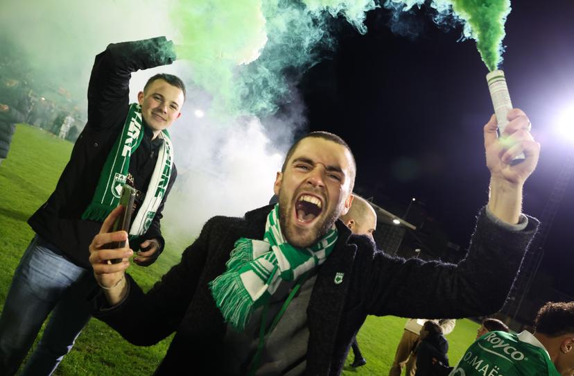 RAAL's supporter celebrates after winning a match between RAAL La Louviere and Jong Gent (KAA Gent), in the Belgian National Division 1 (Eerste Nationale), in La Louviere, Saturday 20 April 2024. BELGA PHOTO VIRGINIE LEFOUR