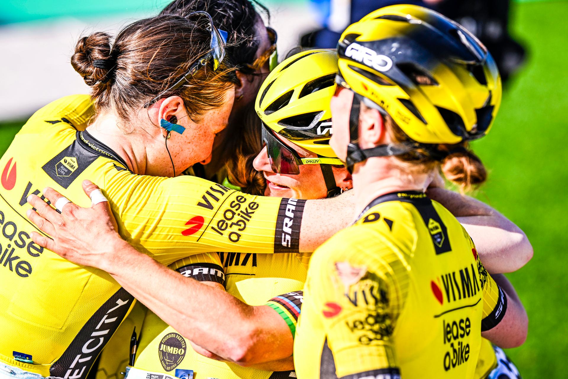 French Pauline Ferrand Prevot of Team Visma-Lease a Bike and Dutch Marianne Vos of Team Visma-Lease a Bike celebrate after winning the women's race of the 'Paris-Roubaix' one day cycling race, 148,5 km from Denain to Roubaix, France, on Saturday 12 April 2025. BELGA PHOTO JASPER JACOBS