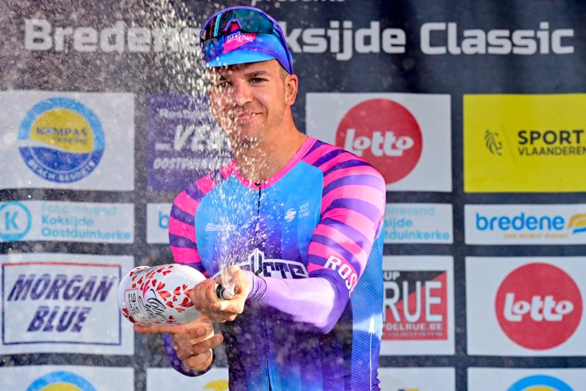 Dutch Dylan Groenewegen of Unibet Rose Rockets celebrates on the podium after winning the 'Bredene Koksijde Classic' one day cycling race, 203,4 km from Bredene to Koksijde, on Friday 20 March 2026. BELGA PHOTO DIRK WAEM