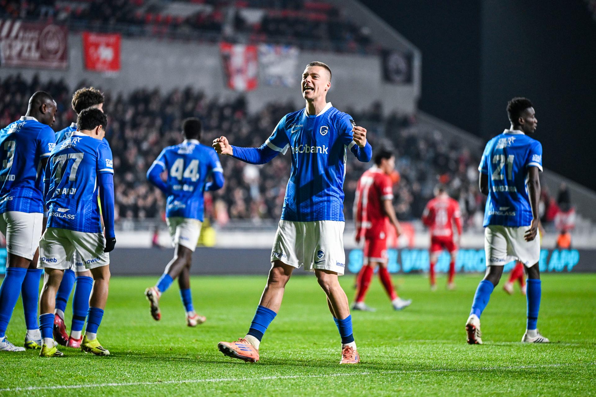 Genk's Daan Heymans celebrates after scoring during a soccer match between Royal Antwerp FC and KRC Genk, Friday 03 April 2026 in Antwerp, on the first day of the Europe Play-offs (PO 2) of the 2025-2026 'Jupiler Pro League' first division of the Belgian championship. BELGA PHOTO TOM GOYVAERTS