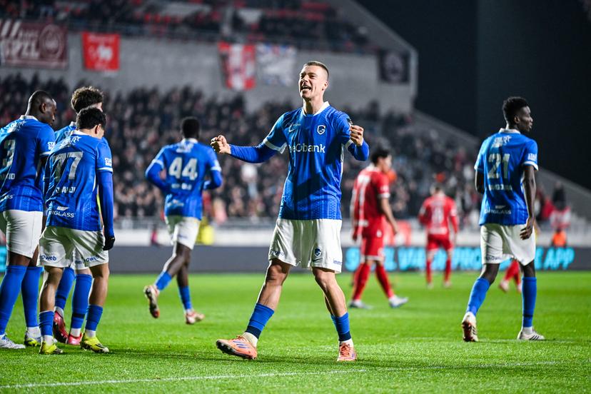 Genk's Daan Heymans celebrates after scoring during a soccer match between Royal Antwerp FC and KRC Genk, Friday 03 April 2026 in Antwerp, on the first day of the Europe Play-offs (PO 2) of the 2025-2026 'Jupiler Pro League' first division of the Belgian championship. BELGA PHOTO TOM GOYVAERTS