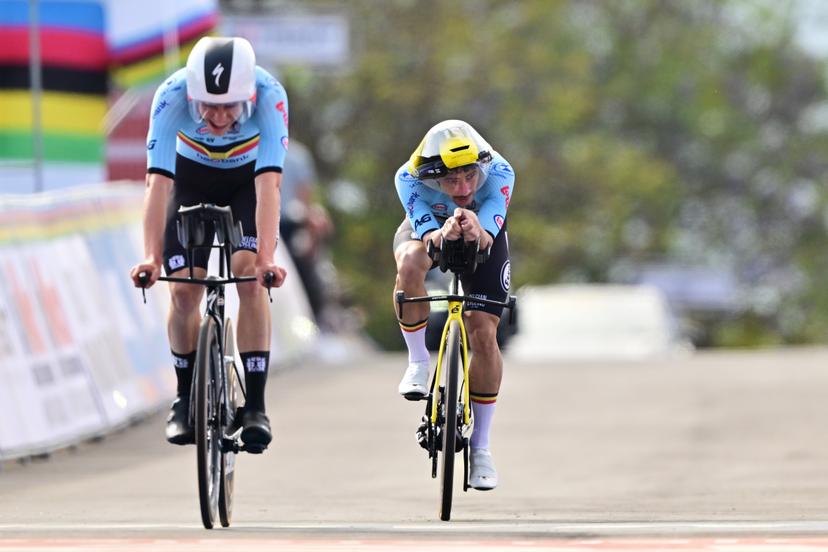 Belgian Jonathan Vervenne and Belgian Victor Campenaerts  cross the finish line of the Team Time Trial Mixed Relay race (41,8km) at the cycling road world championships, in Kigali, Rwanda, Wednesday 24 September 2025. The 2025 UCI Road World Championships take place from 21 to 28 September in Kigali, Rwanda. BELGA PHOTO DIRK WAEM