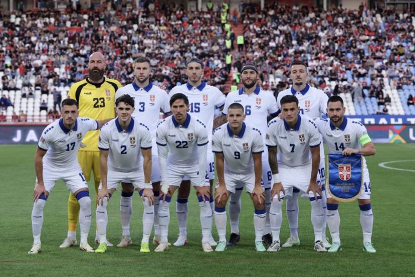 Serbia's players pose for a team picture before the UEFA Nations League Group A2 football match between Serbia and Netherlands at the Rajko Mitic stadium in Belgrade on September 27, 2026.  Pedja Milosavljevic / AFP