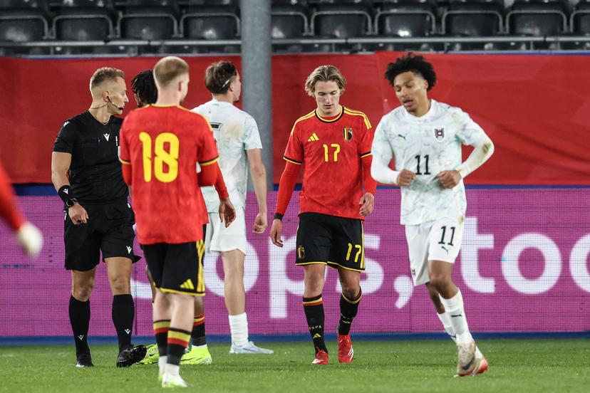 Belgian Romeo Vermant reacts during a game of the Belgian national soccer team Red Devils U21 against Austria, on the day 8 of the qualifications in the group I for the 2027 Euro, in Leuven, Friday 27 March 2026. BELGA PHOTO BRUNO FAHY